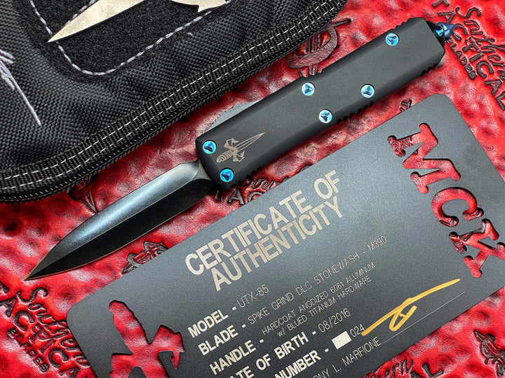 MARFIONE Custom UTX-85 Double Edge Spike Grind, Stonewash DLC, Blue Titanium Accents, Double Action Automatic OTF Knife