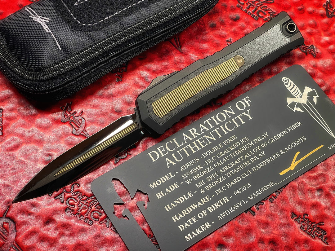 MARFIONE Custom Atreus ZBP OTF Double Edge, DLC Cracked Ice w/ Bronze 6AL4V Titanium Inlay, Anodized Alloy, w/ Carbon Fiber and Bronze Titanium Inlay (PRE-OWNED)