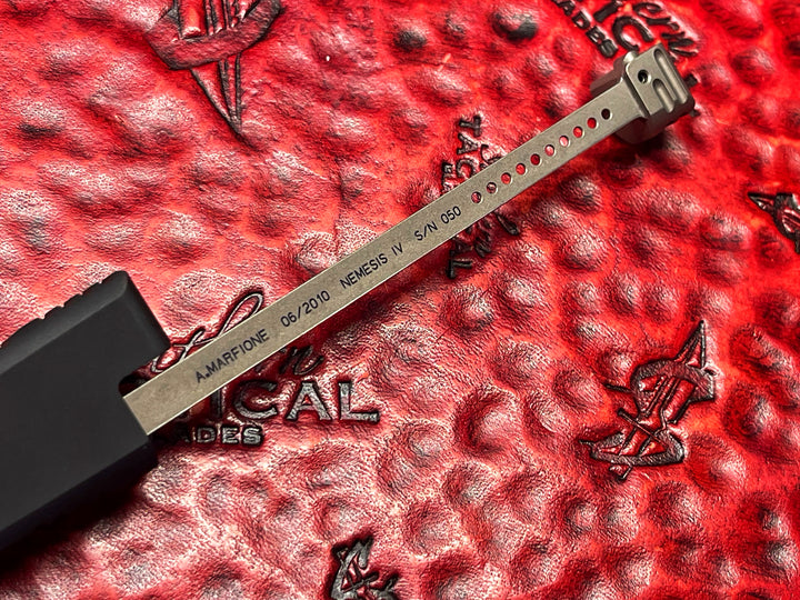 MARFIONE Custom Knives Vintage Nemesis IV, Hand Ground Bead Blast Double Edge Standard, Aluminum Chassis, Single Action OTF