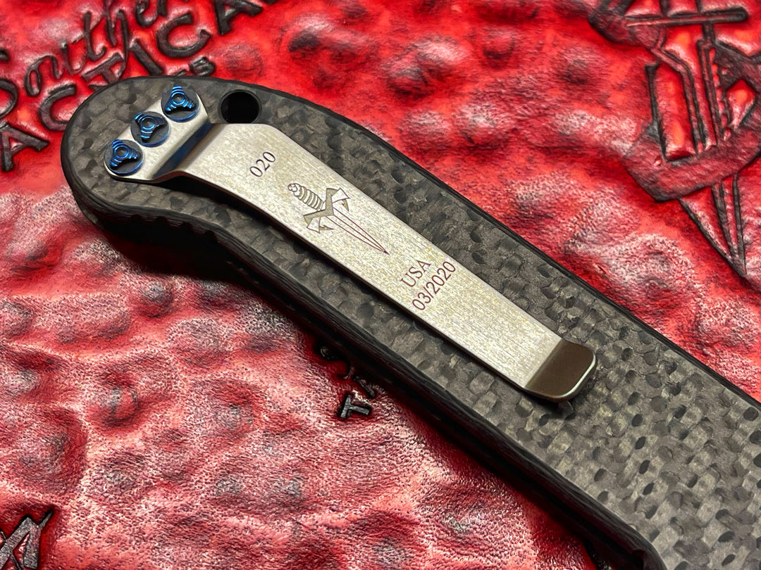 MARFIONE Custom LUDT Single Edge, Mirror Polished, Carbon Fiber Scales, Blue Ringed Titanium Accents Automatic OTS Knife
