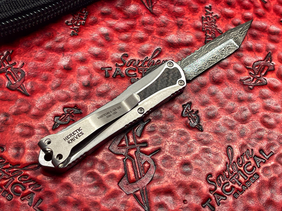 Heretic Knives Custom Manticore S, Vegas Forge Damascus Tanto, Stainless Steel w/ Carbon Fiber Inlay