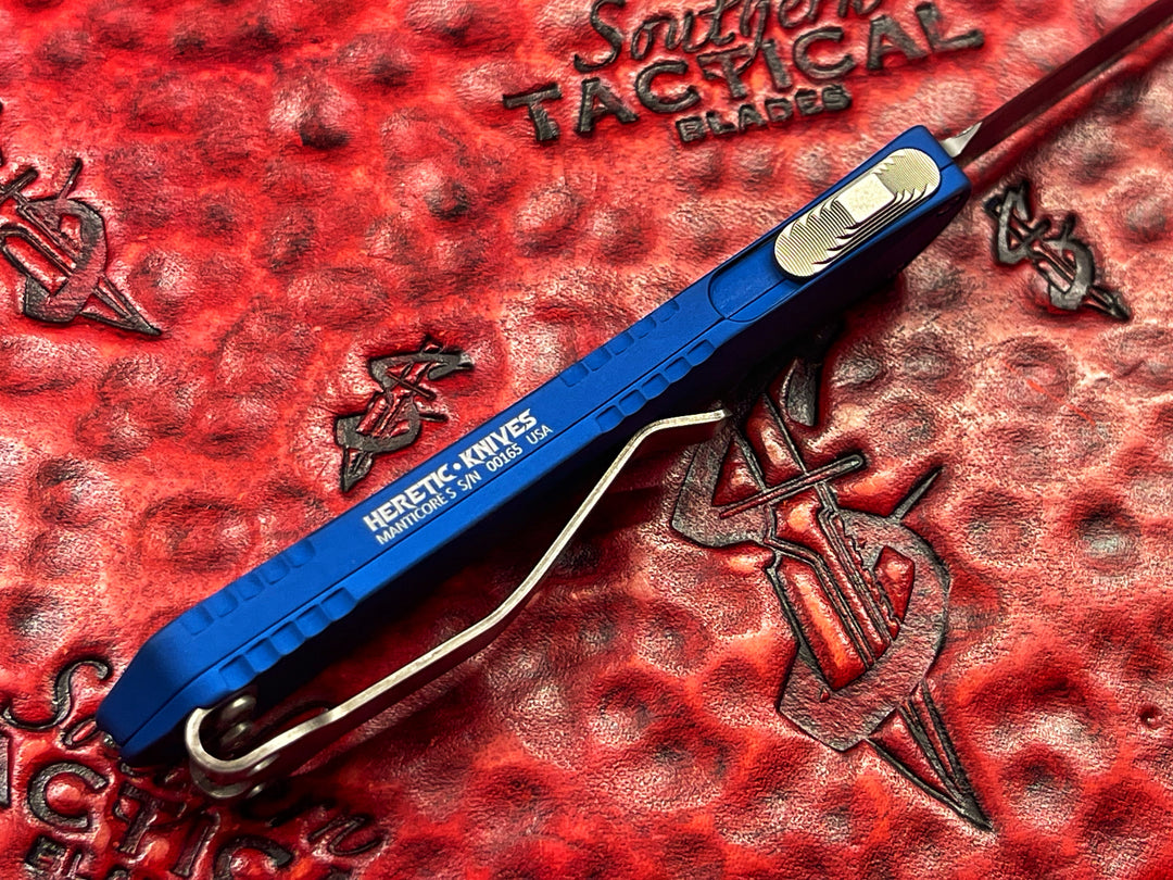 Heretic Knives Manticore S, Double Edge Stonewash finish, Blue, Double action OTF Knife