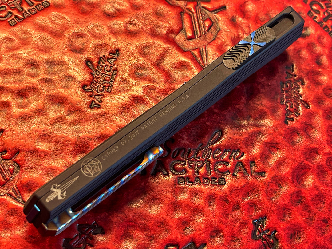 Marfione Custom Cypher, Mirror Polished Single Edge, Stepped Aluminum Chassis, Blue Titanium Accents, Flamed Pocket Clip, Double Action OTF Knife