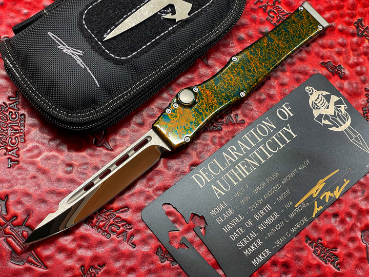 Marfione Custom HALO V, Single Edge Mirror Polished, Splash Anodize Alloy, Single Action OTF Knife