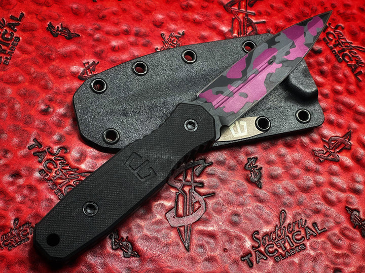 Blackside Customs P7 SDM Double Edge Dagger Fixed Blade, Grimace Camo Cerakote, Black G10