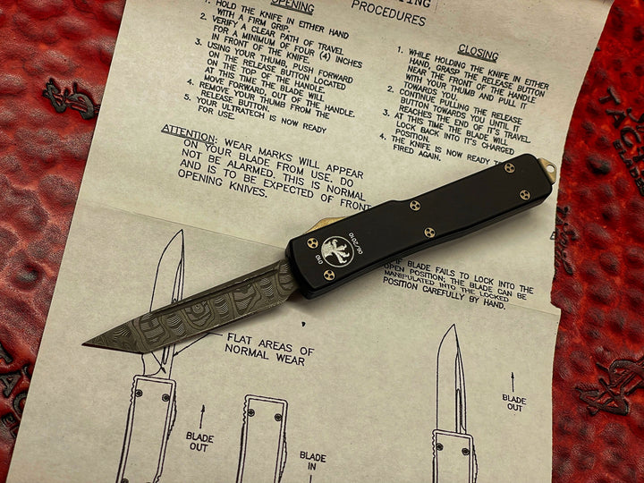 Microtech UTX-70 Tanto Edge, Damascus Flat Body w/ Bronze Accents, Double Action OTF Knife
