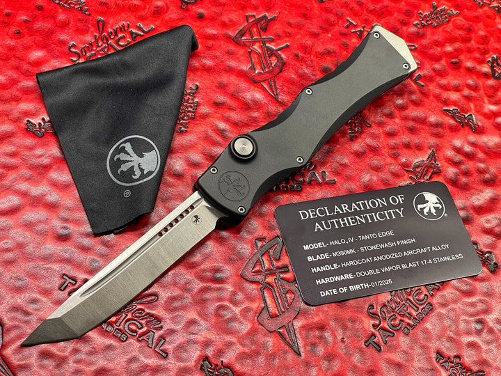Microtech HALO IV Tanto Edge MARFIONE Select, Stonewash finish, Anodized Alloy, Double Vapor Blast Stainless Hardware (PRE OWNED) Single Action OTF Knife