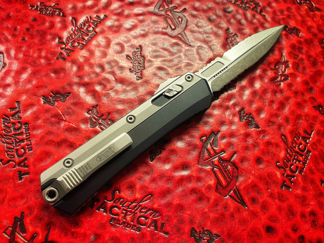 Microtech Glykon Bayonet Full Serrated Stonewashed, Double Action OTF Automatic Knife