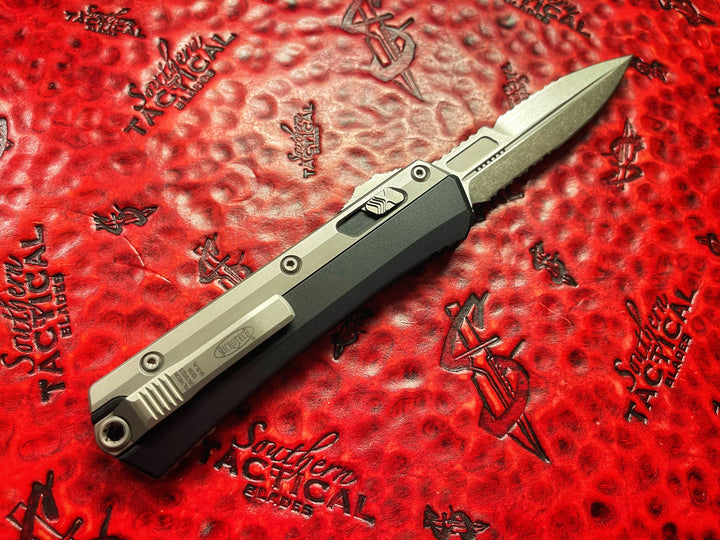 Microtech Glykon Bayonet Full Serrated Stonewashed, Double Action OTF Automatic Knife