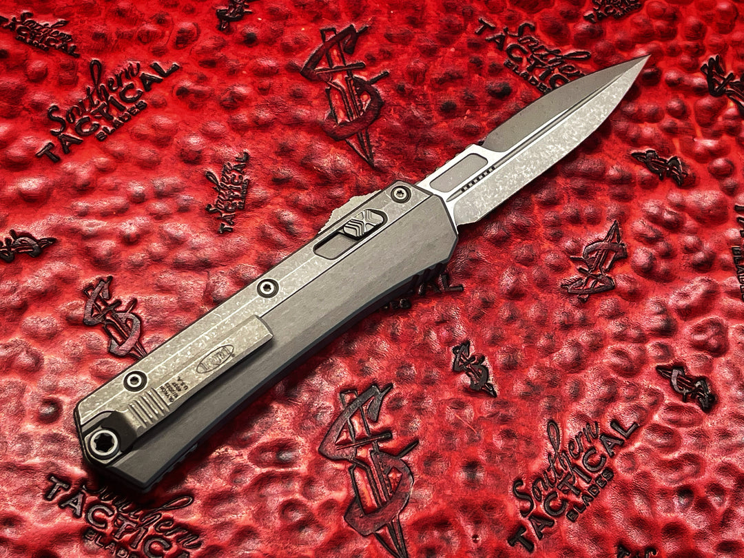 Microtech Glykon Bayonet OTF Apocalyptic Finish Clear Aluminum Body