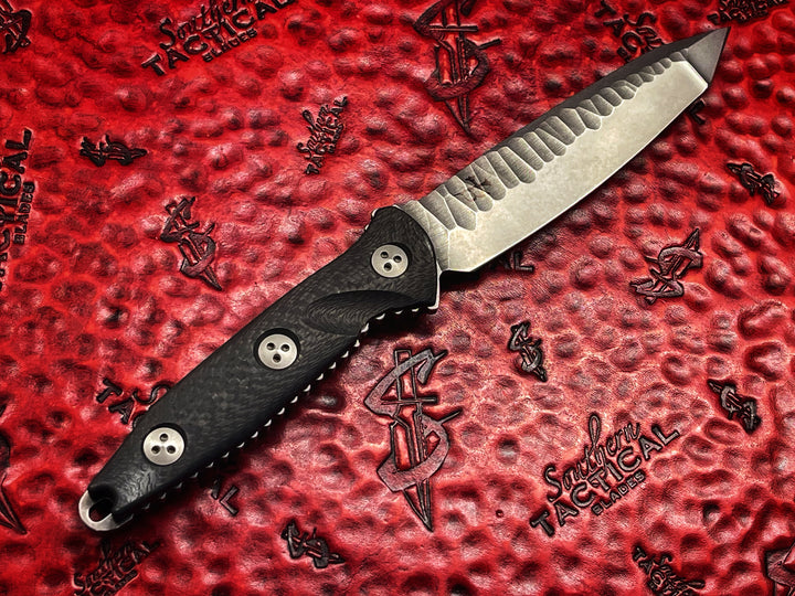 Marfione Custom Knives / Borka Blades Collaboration Socom Alpha Tanto Star Grind, Stonewash, Rock Pattern Carbon Fiber Scales, Fixed Blade
