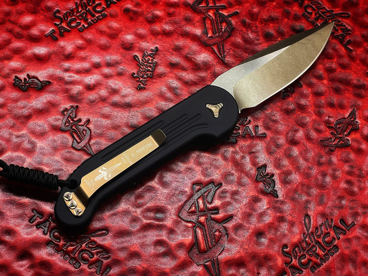 MARFIONE Custom LUDT Single Edge Two Tone Bronze Stonewash, Bronze Titanium Accents, automatic OTS Knife
