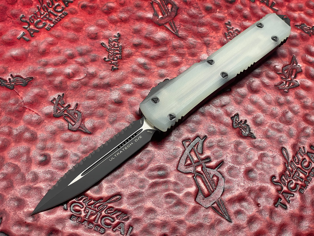 Microtech “Fuck Off” Set, w/ Ultratech, UTX-85, and UTX-70, Double Edge, Full Serrated w/ Jade Green G10 Top Double Action OTF Knives