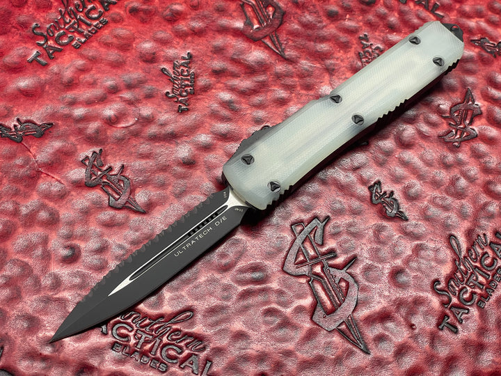 Microtech “Fuck Off” Set, w/ Ultratech, UTX-85, and UTX-70, Double Edge, Full Serrated w/ Jade Green G10 Top Double Action OTF Knives