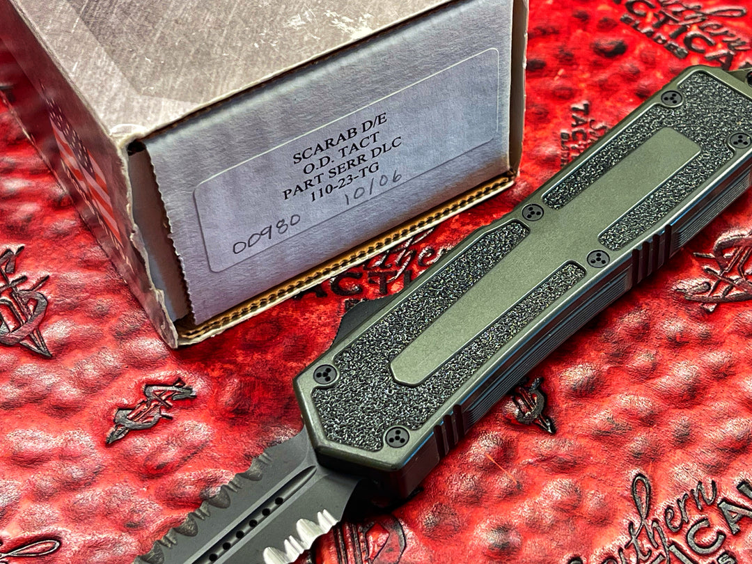 Vintage Microtech Quick Deploy Scarab, Double Edge, Part Serrated OD Green Tactical, Double Action OTF