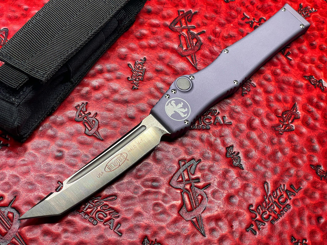 Microtech Knives Vintage HALO V Tanto Edge, Satin Standard Grey, Single Action OTF