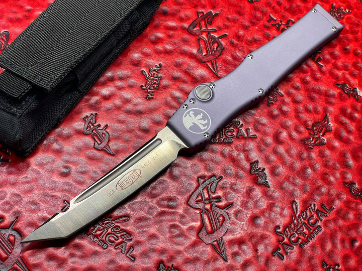 Microtech Knives Vintage HALO V Tanto Edge, Satin Standard Grey, Single Action OTF