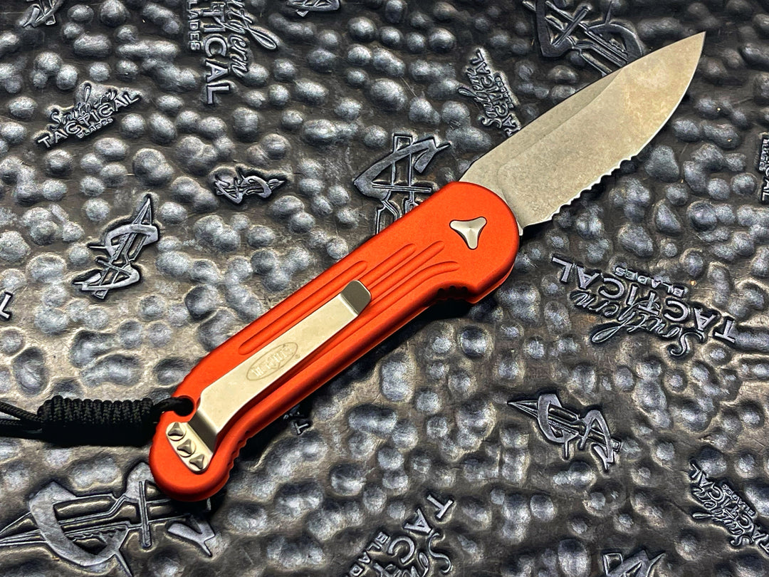 Microtech LUDT Single Edge Stonewash Part Serrated Orange Automatic OTS Knife