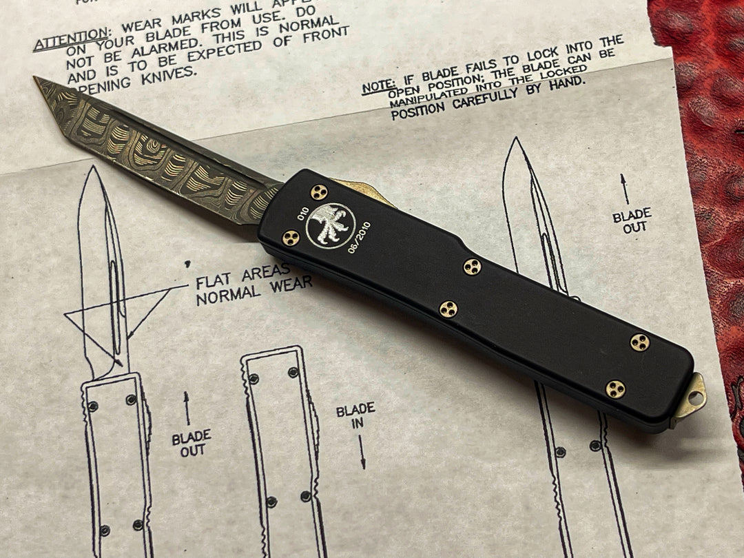 Microtech UTX-70 Tanto Edge, Damascus Flat Body w/ Bronze Accents, Double Action OTF Knife