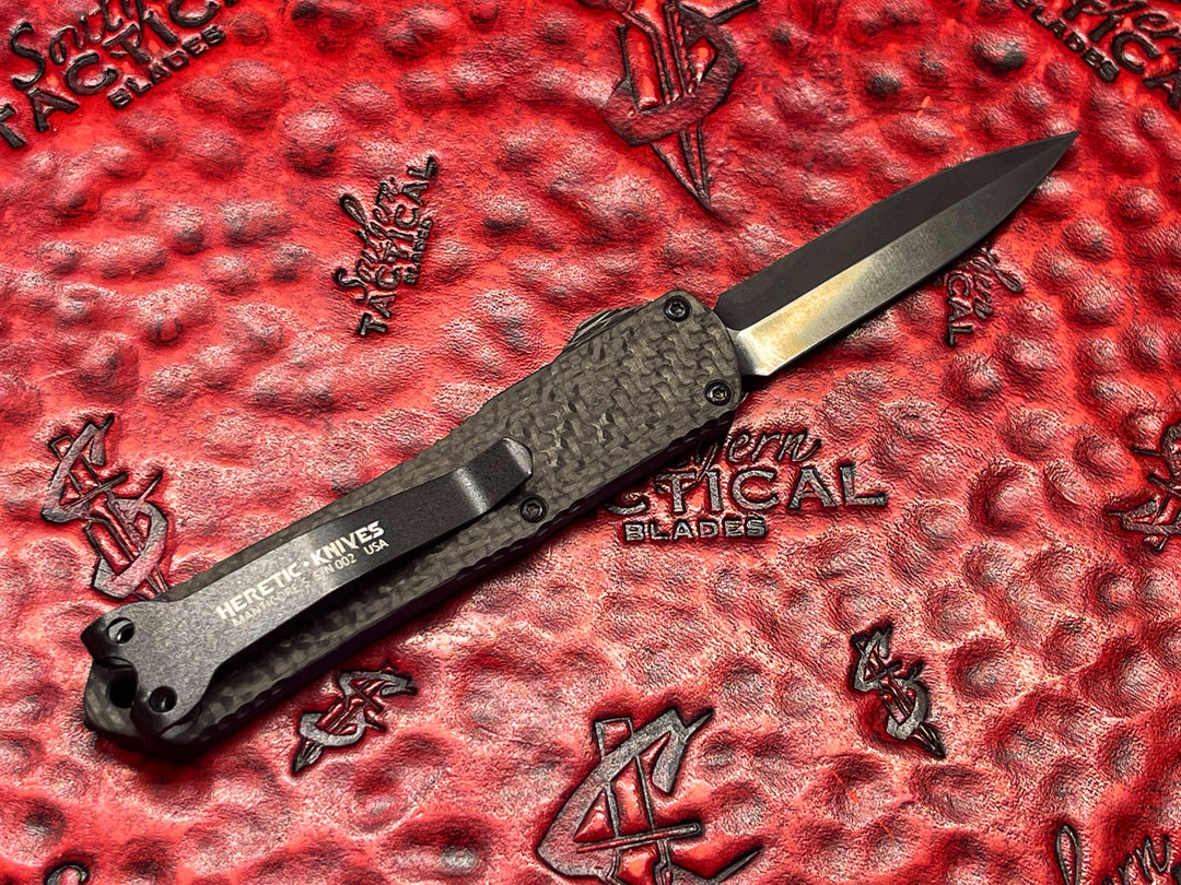 Heretic Knives Manticore S, Hand Ground Double Edge DLC Blade, Full Carbon Fiber Blade.