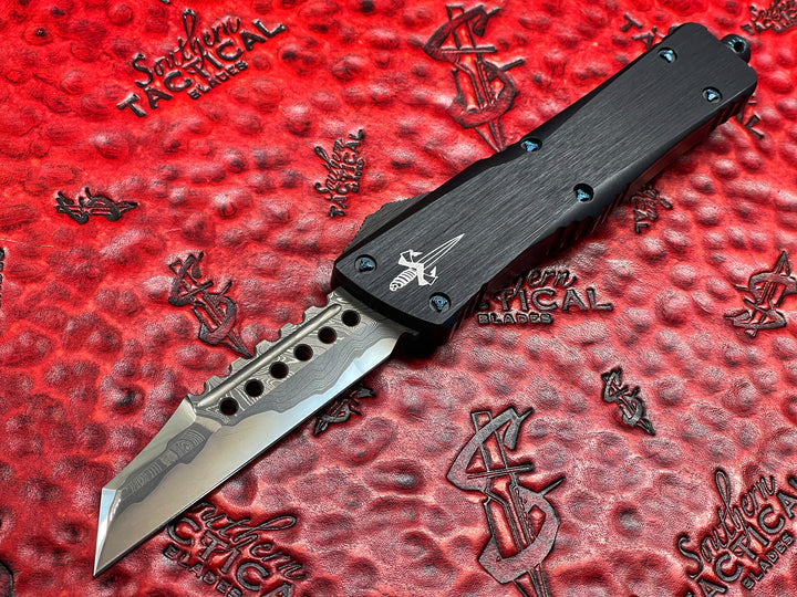 Marfione Custom Knives Combat Troodon Warhound Chad Nichols Damascus Blue Ringed Titanium Hardware