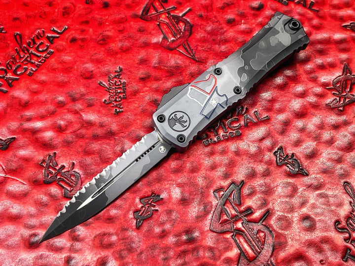 Microtech Hera II Mini, Double Edge Full Serrated Blade Show Texas Edition, Double Action OTF knife