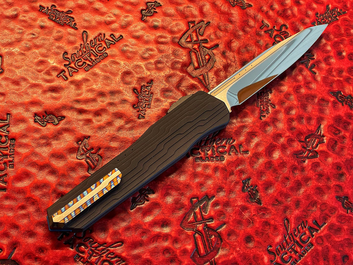 Marfione Custom Cypher, Mirror Polished Single Edge, Stepped Aluminum Chassis, Blue Titanium Accents, Flamed Pocket Clip, Double Action OTF Knife