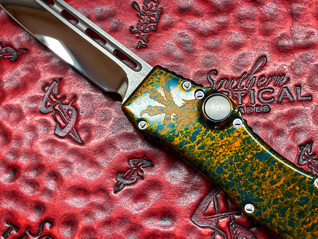 Marfione Custom HALO V, Single Edge Mirror Polished, Splash Anodize Alloy, Single Action OTF Knife