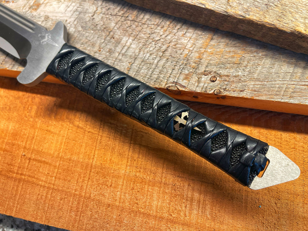 Marfione Custom Combat Wakizashi, Brushed Satin D2, Simulated Hamon Traditional Japanese Leather Battle Wrap, Fixed Blade