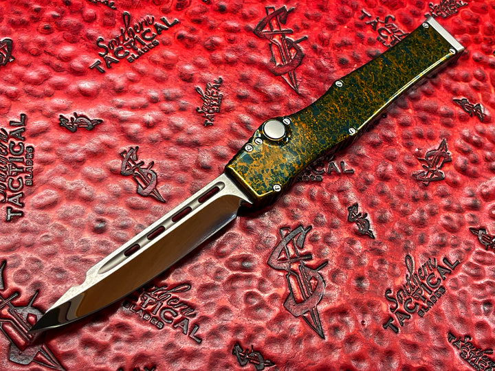 Marfione Custom HALO V, Single Edge Mirror Polished, Splash Anodize Alloy, Single Action OTF Knife