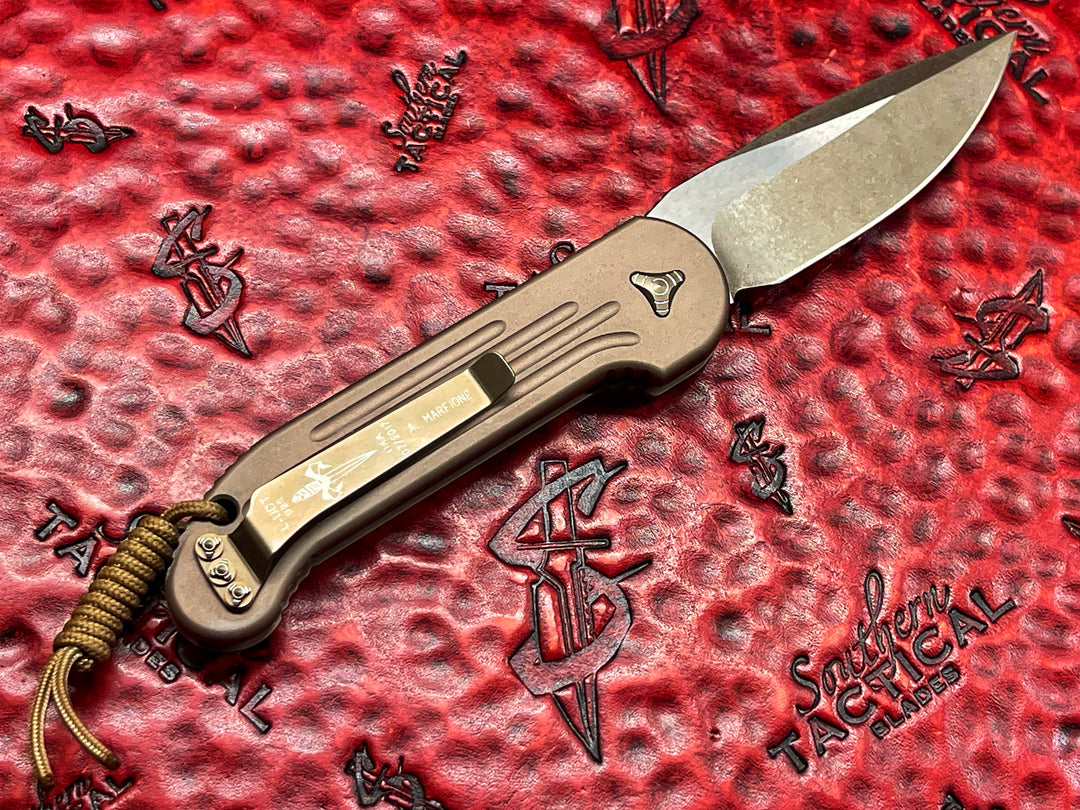 MARFIONE Custom LUDT Single Edge Two Tone Bronze Stonewash, Tan scales, Bronzed Titanium Accents automatic OTS Knife