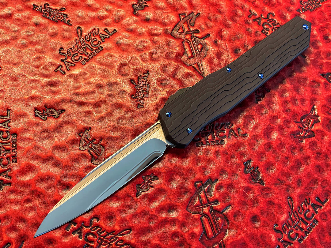 Marfione Custom Cypher, Mirror Polished Single Edge, Stepped Aluminum Chassis, Blue Titanium Accents, Flamed Pocket Clip, Double Action OTF Knife