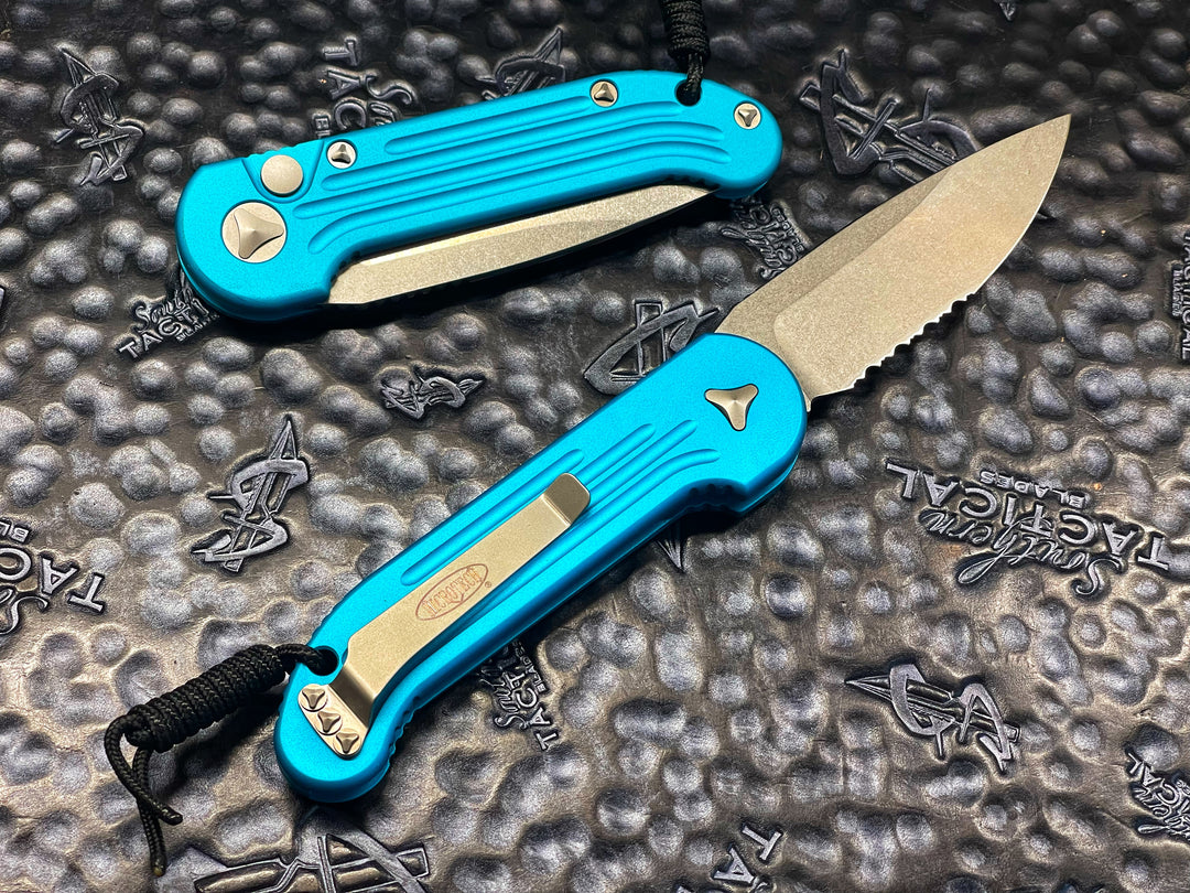 Microtech LUDT Single Edge STonewash Part Serrated Turquoise automatic OTS knife