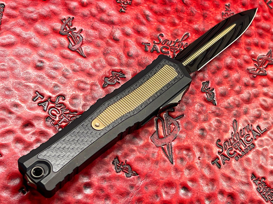 MARFIONE Custom Atreus ZBP OTF Double Edge, DLC Cracked Ice w/ Bronze 6AL4V Titanium Inlay, Anodized Alloy, w/ Carbon Fiber and Bronze Titanium Inlay (PRE-OWNED)