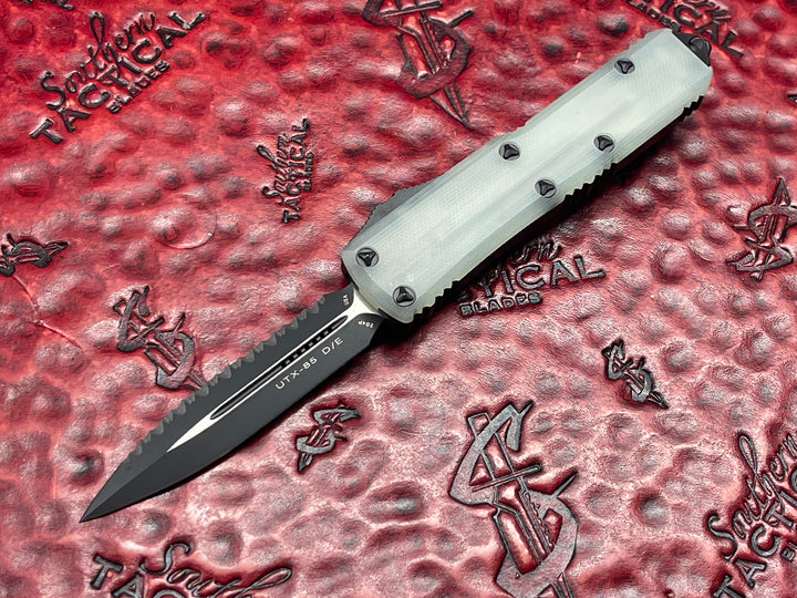 Microtech “Fuck Off” Set, w/ Ultratech, UTX-85, and UTX-70, Double Edge, Full Serrated w/ Jade Green G10 Top Double Action OTF Knives