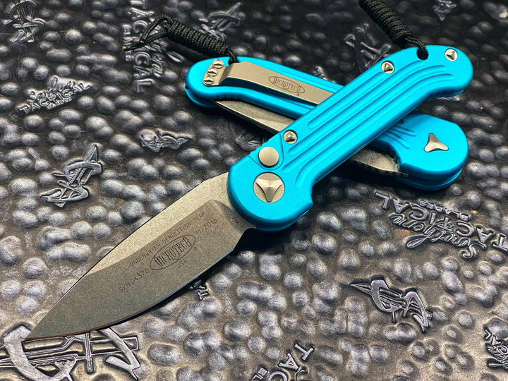 Microtech LUDT Single Edge Stonewash Standard Turquoise automatic OTS Knife