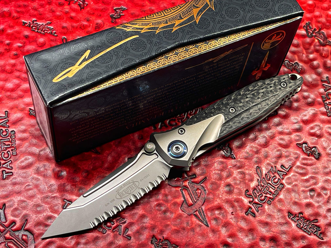 Microtech Socom Bravo Tanto Edge, Full Serrated Bead Blast Finish Titanium Handle with Carbon Fiber Scales- Blue Pivot Collar. Full Serrations By Anthony (Tony) Marfione