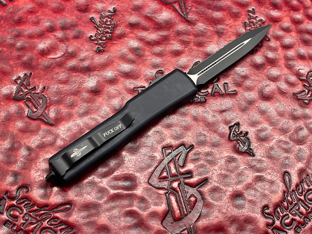 Microtech “Fuck Off” Set, w/ Ultratech, UTX-85, and UTX-70, Double Edge, Full Serrated w/ Jade Green G10 Top Double Action OTF Knives