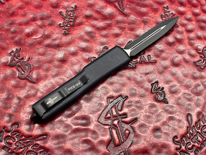 Microtech “Fuck Off” Set, w/ Ultratech, UTX-85, and UTX-70, Double Edge, Full Serrated w/ Jade Green G10 Top Double Action OTF Knives