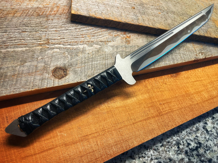 Marfione Custom Combat Wakizashi, Brushed Satin D2, Simulated Hamon Traditional Japanese Leather Battle Wrap, Fixed Blade