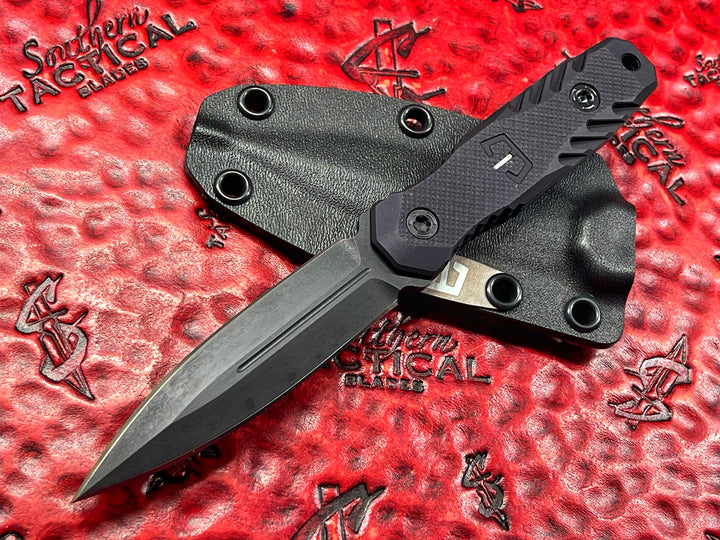 Blackside Custom P7 Fixed Blade Dagger, Hard Coat Aluminum Scales w/ tritium Inlay, Black Cerakote Blade