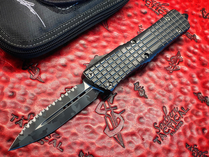 MARFIONE “Fuck Off” Combat Troodon Delta Frag, Double Edge Full Serrated, Urban Camo Cerakote Accents, Double Action OTF Knife