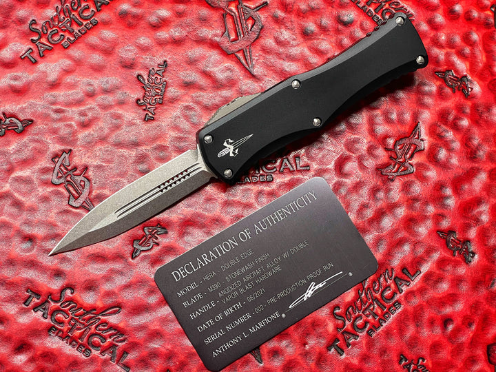 Microtech Hera Double Edge Stonewash Standard Vapor Blast Hardware, pre-production, serial #002 Ultra Rare Double Logo.