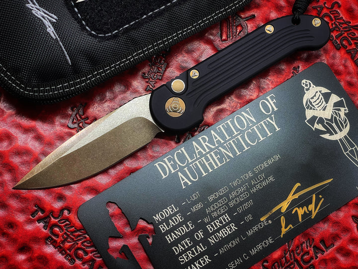 MARFIONE Custom LUDT Single Edge Two Tone Bronze Stonewash, Bronze Titanium Accents, automatic OTS Knife