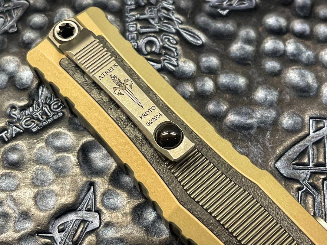 MARFIONE Custom Atreus Prototype 1 of 3, Double Edge Mirror polished, Sand Anodized Aluminum Chassis, Carbon Fiber and Titanium Accents, Double Action OTF