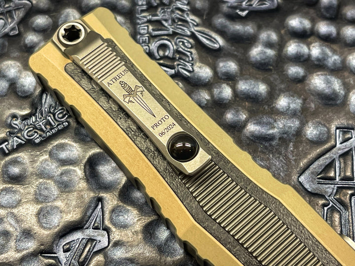 MARFIONE Custom Atreus Prototype 1 of 3, Double Edge Mirror polished, Sand Anodized Aluminum Chassis, Carbon Fiber and Titanium Accents, Double Action OTF