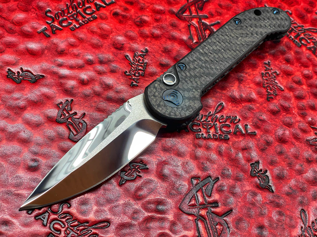 MARFIONE Custom LUDT Single Edge, Mirror Polished, Carbon Fiber Scales, Blue Ringed Titanium Accents Automatic OTS Knife