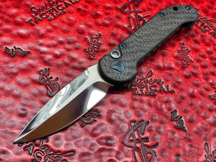 MARFIONE Custom LUDT Single Edge, Mirror Polished, Carbon Fiber Scales, Blue Ringed Titanium Accents Automatic OTS Knife