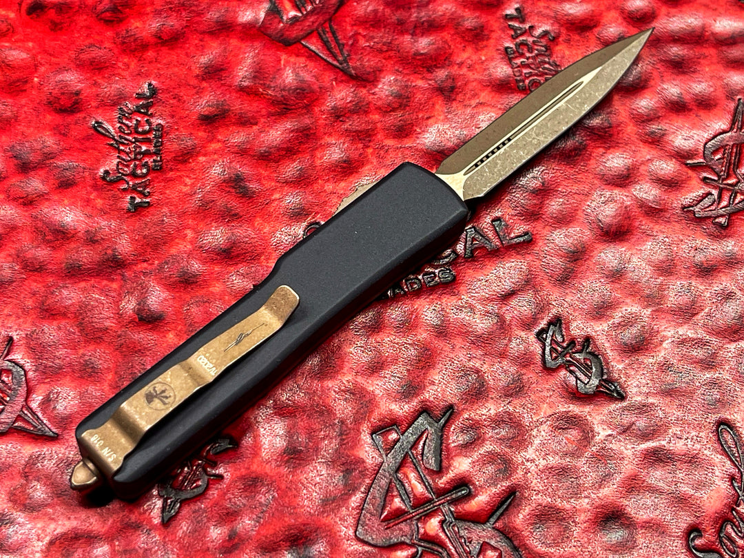 Microtech UTX-70 Double Edge Bronzed Apocalyptic Standard Copper Top Signature series