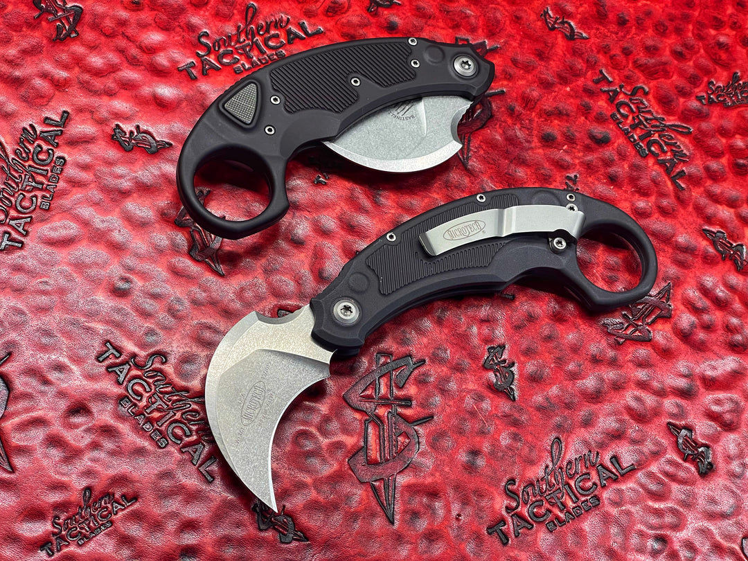 Microtech Knives / Bastinelli Knives Iconic Auto Karambit Stonewash Standard (Non Safety)